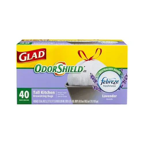 Tall Kitchen Bags 13 gal Lavender Scent Drawstring 40 pk 0.78 mil White