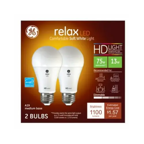 LED Bulb Relax A19 E26 (Medium) Soft White 75 W Frosted Pair LED Bulb Relax A19 E26 (Medium) Soft White 75 W Frosted Pair
