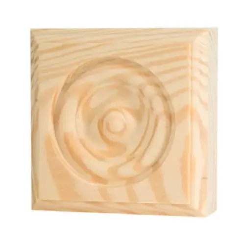 Trim Block, 2-3/4 in H, 2-3/4 in W, Rosette Pattern, Pine Wood Trim Block, 2-3/4 in H, 2-3/4 in W, Rosette Pattern, Pine Wood