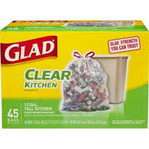 GLAD 78543 Tall Kitchen Bags 13 gal Drawstring 45 pk 0.9 mil Clear