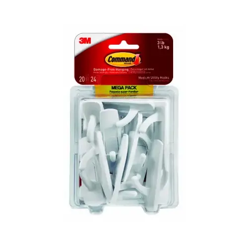 Medium Utility Hook, 3 lb, 20-Hook, Plastic, White - pack of 20 Medium Utility Hook, 3 lb, 20-Hook, Plastic, White - pack of 20