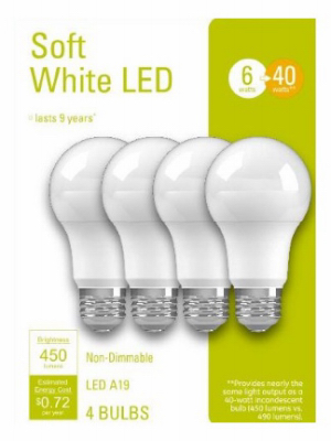 GE Lighting 93130415 LED Light Bulbs, A19, Soft White, 450 Lumens, 6-Watts - pack of 4