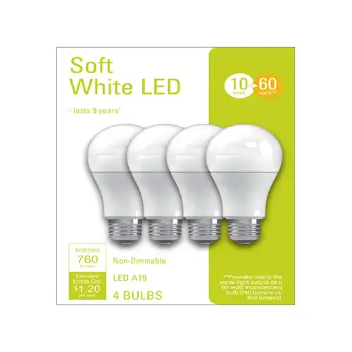 LED Light Bulbs, A19, Soft White, 760 Lumens, 10-Watts - pack of 4