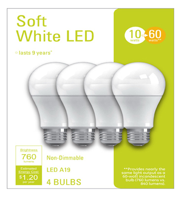 GE Lighting 32586 LED Light Bulbs, A19, Soft White, 760 Lumens, 10-Watts - pack of 4