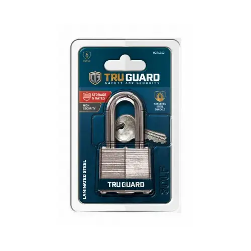 Keyed Padlock, Long-Shackle, Laminated, 1.5-In.