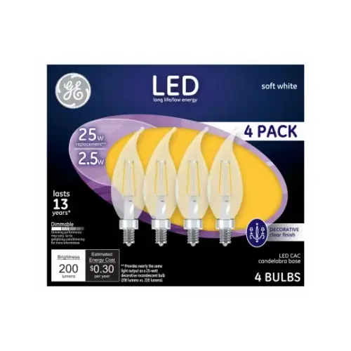 Decorative LED Light Bulbs, Candelabra Base, Soft White, Clear, 200 Lumens, 2.5-Watts - pack of 4 Decorative LED Light Bulbs, Candelabra Base, Soft White, Clear, 200 Lumens, 2.5-Watts - pack of 4