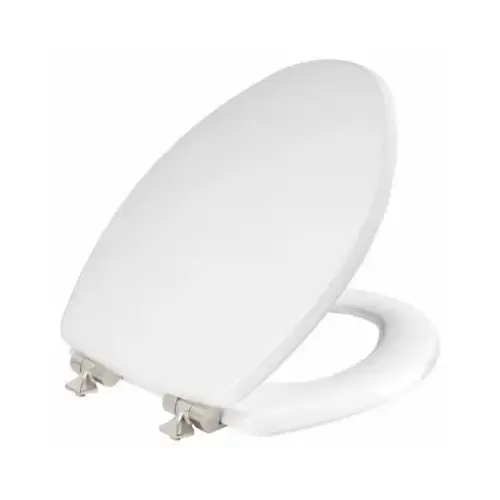 Elongated Wood Toilet Seat, White Enamel, Never Loosens, Slow-Close Brushed Nickel Hinge