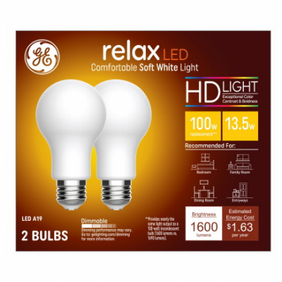 GE Lighting 93129807 Relax HD+ LED Light Bulbs, Soft White, 1600 Lumens, 13-Watts Pair