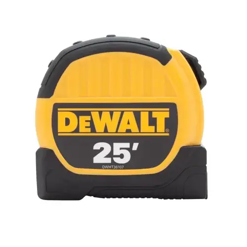 DWHT36107 Tape Measure, 25 ft L Blade, 1-1/8 in W Blade, Steel Blade, ABS Case, Black/Yellow Case DWHT36107 Tape Measure, 25 ft L Blade, 1-1/8 in W Blade, Steel Blade, ABS Case, Black/Yellow Case