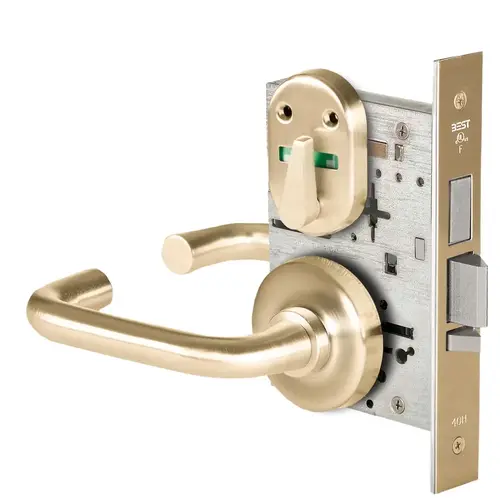 Grade 1 Dormitory Mortise Lock, Double Visual Indicator, 3 Lever, R Rose, SFIC Housing Less Core, Satin Brass Finish, Field Reversible Satin Brass Grade 1 Dormitory Mortise Lock, Double Visual Indicator, 3 Lever, R Rose, SFIC Housing Less Core, Satin Brass Finish, Field Reversible Satin Brass