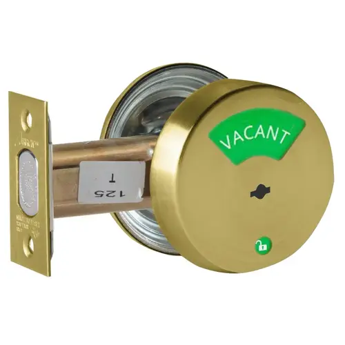Grade 2 Indicator Deadlock, Red/White "Vacant/Occupied" Indicator Outside, Non-keyed, Satin Brass Finish, Field Reversible Satin Brass