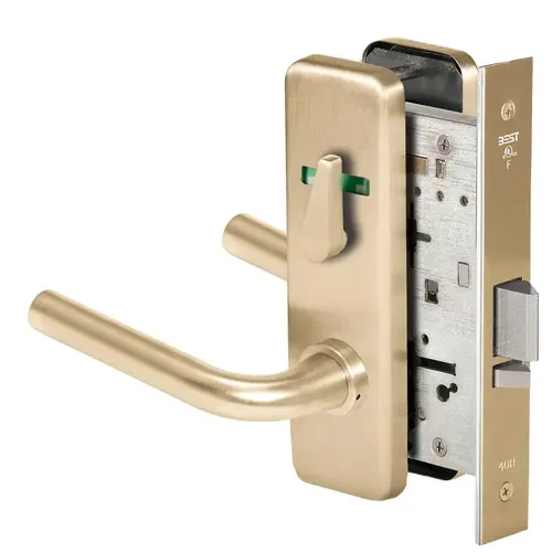 Grade 1 Office Mortise Lock, Double Visual Indicator, 12 Lever, J Escutcheon, SFIC Housing Less Core, Satin Brass Finish, Field Reversible Satin Brass Grade 1 Office Mortise Lock, Double Visual Indicator, 12 Lever, J Escutcheon, SFIC Housing Less Core, Satin Brass Finish, Field Reversible Satin Brass