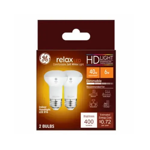 LED Light Bulb, R16 Shape, Medium Base, 400 Lumens, 6 Watts Pair