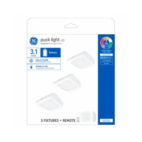 LED Puck Light, White Plastic, Battery Operated, 3.1-In., 0.5 Watts - pack of 3 LED Puck Light, White Plastic, Battery Operated, 3.1-In., 0.5 Watts - pack of 3