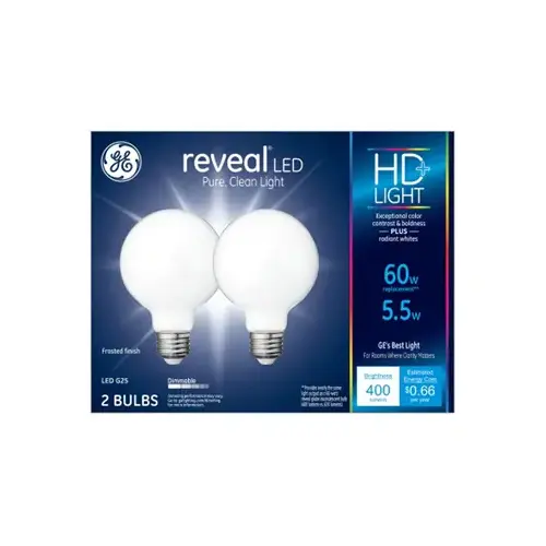 LED Reveal Globe Light Bulbs, Pure White, 500 Lumens, 5.5-Watts Pair LED Reveal Globe Light Bulbs, Pure White, 500 Lumens, 5.5-Watts Pair