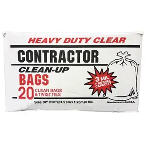 Primrose Plastics 19045 Contractor Trash Bags, Twist Ties, Clear, 3 Mil, 42 Gallons, 20-Ct.