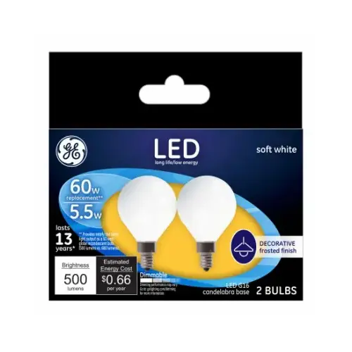 Decorative LED Light Bulbs, Candelabra Base, Soft White, Frosted, Dimmable, 500 Lumens, 5.5-Watts Pair Decorative LED Light Bulbs, Candelabra Base, Soft White, Frosted, Dimmable, 500 Lumens, 5.5-Watts Pair