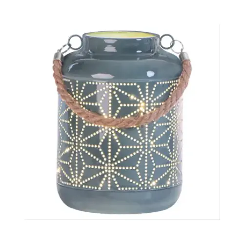 Aqua Metal Starburt Lantern, LED Candle + Timer, 7-In.