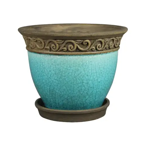 Urn Planter With Saucer, Cadiz/Teal, Ceramic, 6-In. - pack of 2 Urn Planter With Saucer, Cadiz/Teal, Ceramic, 6-In. - pack of 2
