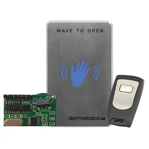 910TC Series 12/24 VDC Touchless Actuator Kits, Waving Hand Icon, Includes Remote Receive Module and Remote Transmitter, Stainless Steel Finish Applied 910TC Series 12/24 VDC Touchless Actuator Kits, Waving Hand Icon, Includes Remote Receive Module and Remote Transmitter, Stainless Steel Finish Applied
