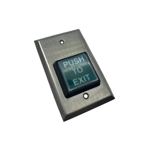 Momentary Push Button Switch, Single Gang, 2" Illuminated Push-to-Exit Sign, Green and Red Lens Included, Auto-Sensing Dual Voltage 12/24VDC, 2-7/8" x 4-1/2", 630/US32D Stainless Steel