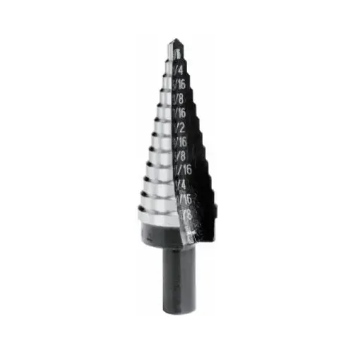 Unibit Step Drill Bit, 1/4 to 1-3/8 in Dia, 3-1/8 in OAL, 1-Flute, 1/2 in Dia Shank, Hex Shank Titanium Nitride-Coated Unibit Step Drill Bit, 1/4 to 1-3/8 in Dia, 3-1/8 in OAL, 1-Flute, 1/2 in Dia Shank, Hex Shank Titanium Nitride-Coated