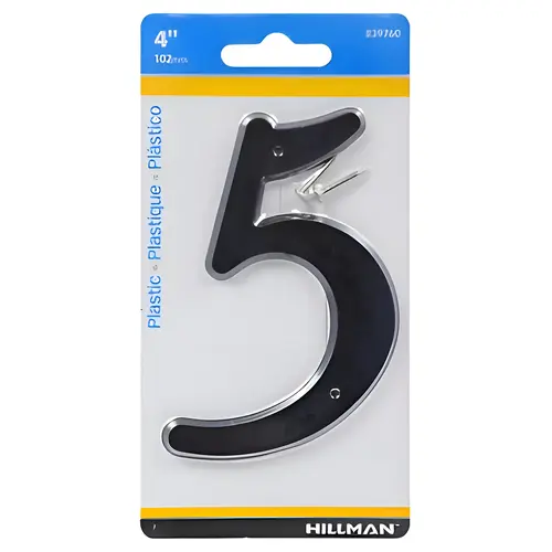 House Address Number 5, Nail-On Mounting, Plastic Material, 4" Height, Black Finish, Residential Address Identification Sign