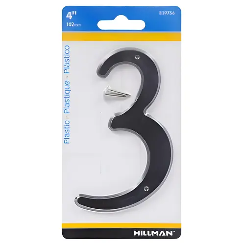 House Address Number 3, Nail-On Mounting, Plastic Material, 4" Height, Black Finish
