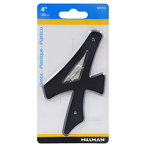 House Address Number 4, Nail-On Mounting, Plastic Material, 4" Height, Black Finish