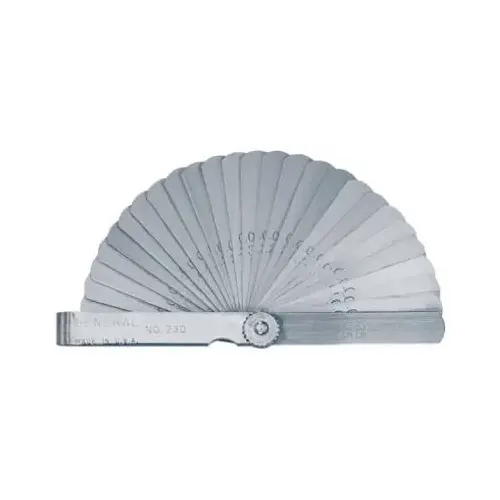 Straight Leaf Feeler Gauge, 26 Leafs, 3 in L x 1/2 in W, 0.0015 in to 0.025 in Leaf Thickness Straight Leaf Feeler Gauge, 26 Leafs, 3 in L x 1/2 in W, 0.0015 in to 0.025 in Leaf Thickness