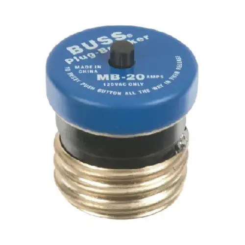 Plug Fuse, 20 A, 125 V, 10 kA Interrupt, Plastic Body, Manual Reset Fuse Plug Fuse, 20 A, 125 V, 10 kA Interrupt, Plastic Body, Manual Reset Fuse
