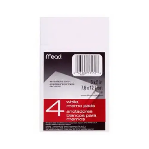 Memo Pads, White, 3 x 5 In., 50 Sheets - pack of 4