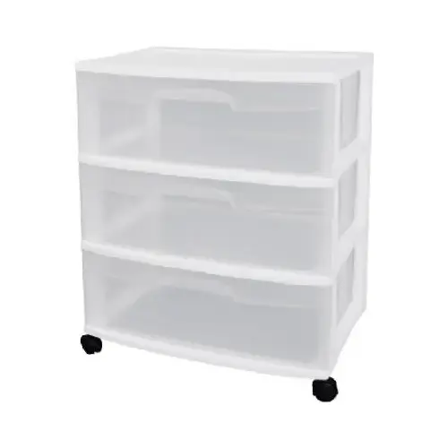 Drawer Cart, 3-Drawer, Plastic, 21-7/8 in OAW, 15-1/4 in OAH, 24 in OAD Clear/White Drawer Cart, 3-Drawer, Plastic, 21-7/8 in OAW, 15-1/4 in OAH, 24 in OAD Clear/White