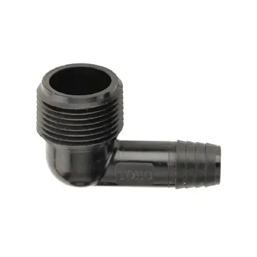Elbow, 3/8 x 3/4 in Connection, Barb x MNPT, Plastic Black Elbow, 3/8 x 3/4 in Connection, Barb x MNPT, Plastic Black