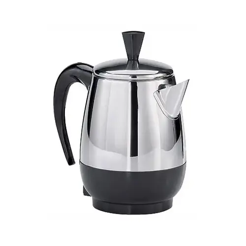 Electric Percolator, 2 to 4 Cups Capacity, 1 W, Stainless Steel, Knob Control Black/Silver