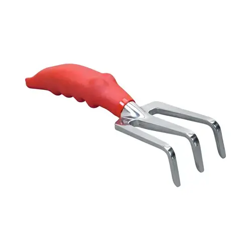 Garden Cultivator, 10-1/4 in L, 3-1/2 in L Tine, 3 -Tine, Aluminum Handle Red