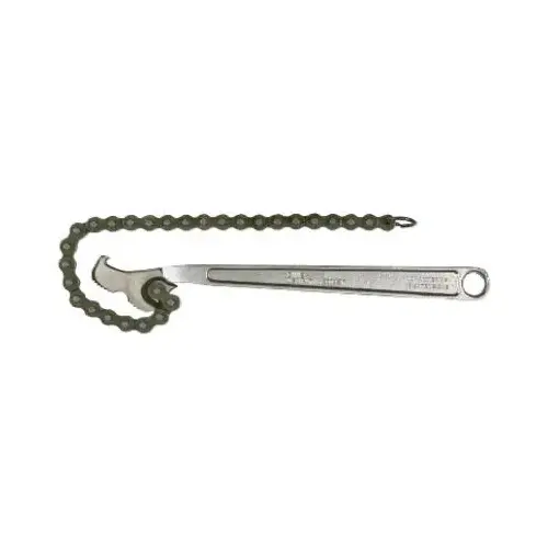 Chain Wrench, 4 in Opening, 15 in Chain, 12 in Long Nickel Chrome Chain Wrench, 4 in Opening, 15 in Chain, 12 in Long Nickel Chrome