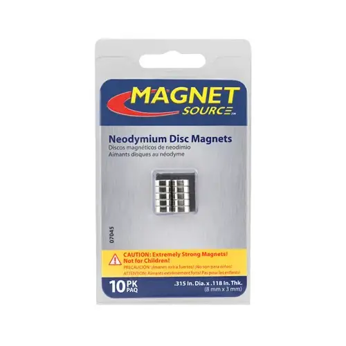 Super Magnet Disc, Neodymium, 0.315 in Dia, 0.118 in H Silver