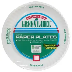 GREEN LABEL PP9GREWH Uncoated Paper Plate, 9 in, White