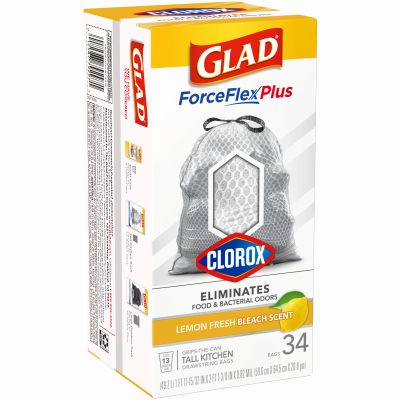 GLAD 79297 Tall Kitchen Bags Force Flex Plus 13 gal Lemon Scent Drawstring Gray