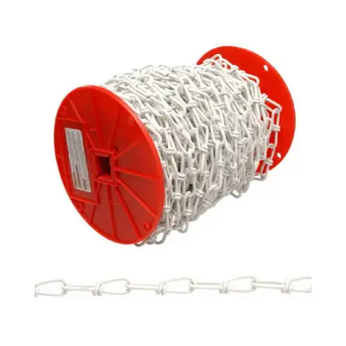 Double Loop Chain, #2/0, 125 ft L, 255 lb Working Load, Carbon Steel, Poly-Coated White