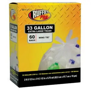 Ruffies 1124909 Trash Recycling Bags, Clear, 33 Gallon, 60-Ct.