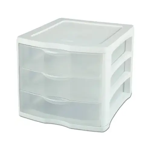Drawer Unit, 3-Drawer, Plastic, 11 in OAW, 13-1/2 in OAH, 9-5/8 in OAD Clear/White