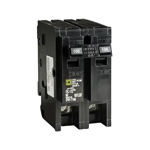 Homeline Circuit Breaker, Mini, 100 A, 2 -Pole, 120/240 V, Fixed Trip, Plug Mounting, Black Homeline Circuit Breaker, Mini, 100 A, 2 -Pole, 120/240 V, Fixed Trip, Plug Mounting, Black