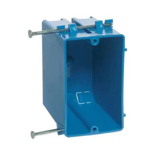 Outlet Box, 1 -Gang, 4 -Knockout, PVC, Blue, Captive Nail Mounting