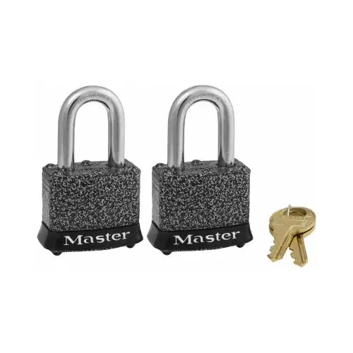 Padlock, Keyed Alike Key, 9/32 in Dia Shackle, 1-1/8 in H Shackle, Steel Shackle, Steel Body, Laminated Pair Silver Padlock, Keyed Alike Key, 9/32 in Dia Shackle, 1-1/8 in H Shackle, Steel Shackle, Steel Body, Laminated Pair Silver