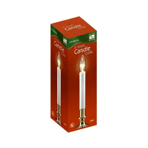 Christmas Candle, Electric, Clear Flame, White/Brass, 9-In.