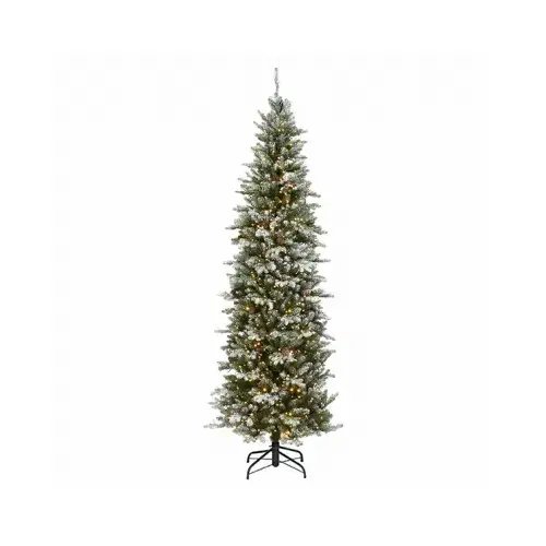 Feel Real Artificial Pre-Lit Christmas Tree, Snowy Morgan Spruce Pencil, Hinged, 1,000 Dual LED Lights, 7.5-Ft. Feel Real Artificial Pre-Lit Christmas Tree, Snowy Morgan Spruce Pencil, Hinged, 1,000 Dual LED Lights, 7.5-Ft.