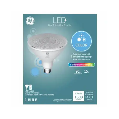 LED+ Light Bulb, Color-Changing & Dimmable Remote, PAR38, 1300 Lumens, 9-Watts LED+ Light Bulb, Color-Changing & Dimmable Remote, PAR38, 1300 Lumens, 9-Watts