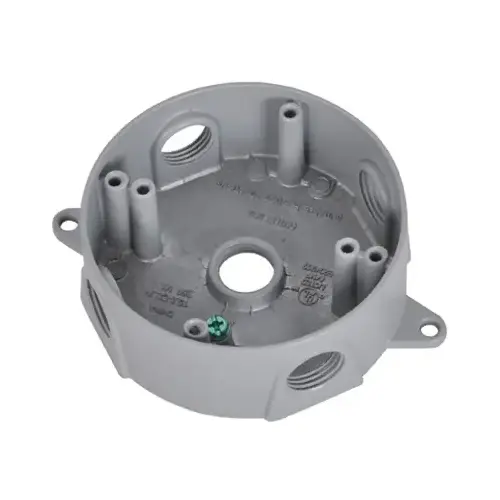 Round Outlet Box, Silver Gray, Weatherproof, Five 0.5-In. Holes Round Outlet Box, Silver Gray, Weatherproof, Five 0.5-In. Holes